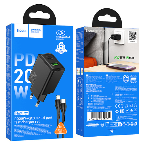 Сетевое зарядное устройство, 1 PD 20W + 1 USB 3.0 QC (N69), HOCO, Type-C to Lightning, черный