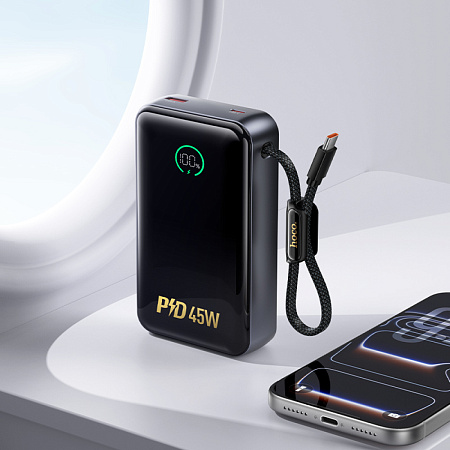 Универсальный Доп. Аккумулятор 20000mAh, Q54, HOCO, выход 1 USB (22.5W) + 1 PD (45W), кабель: Type-C 45W, черный