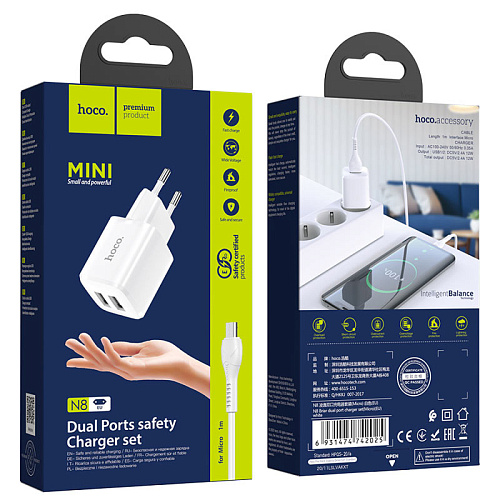 Сетевое зарядное устройство, 2 USB 2.4A 12W (N8), HOCO, Micro, Умная зарядка, белый