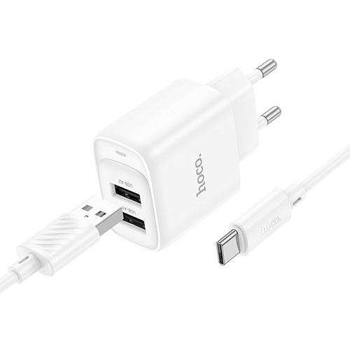 Сетевое зарядное устройство, 2 USB 2.1A (C141A), HOCO, Type-C, белый