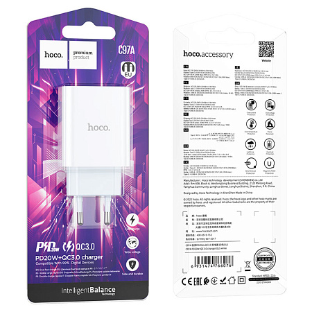 Сетевое зарядное устройство, 1 PD 20W + 1 USB 3.0 QC (C97A), HOCO, белый