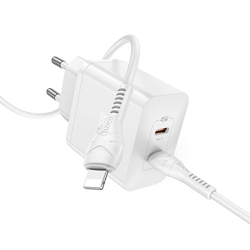 Сетевое зарядное устройство, 2 PD 45W (N35), HOCO, Type-C to Lightning, белый