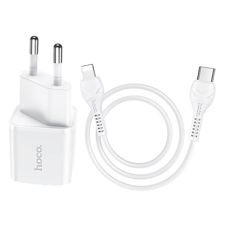 Сетевое зарядное устройство, 1 PD 20W + 1 USB 3.0 QC (N10), HOCO, Type-C to Lightning, mini, Умная зарядка, белый