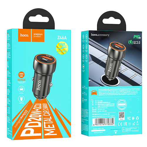 Автомобильное зарядное устройство, 1 USB QC3.0+1 PD 20W (Z46A), HOCO, серый