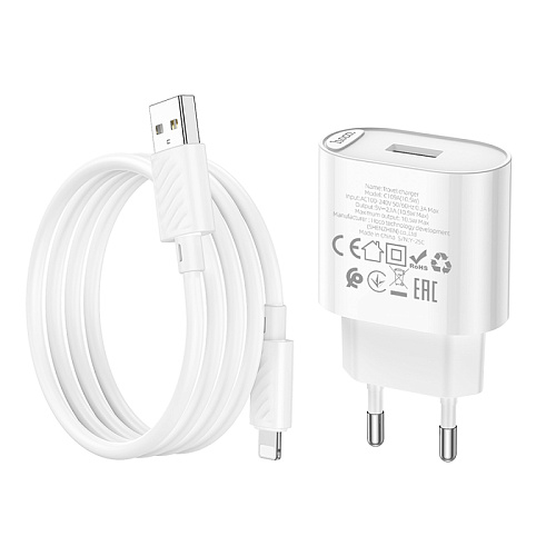 Сетевое зарядное устройство, 1 USB 10.5W (C109A), HOCO, Lightning, белый