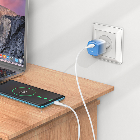 Сетевое зарядное устройство, 1 PD 20W + 1 USB 3.0 QC (C101A), HOCO, Type-C to Type-C, голубой с белым
