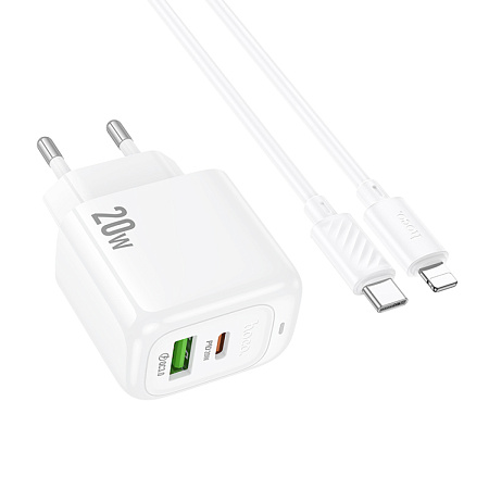 Сетевое зарядное устройство, 1 PD 20W + 1 USB 3.0 QC (CS54A), HOCO, Type-C to Lightning, белый