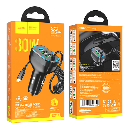 Автомобильное зарядное устройство, 2 USB QC3.0 18W, 1 PD 30W (NZ11A), HOCO, кабель Lightning, черный