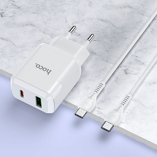 Сетевое зарядное устройство, 1 PD 20W + 1 USB 3.0 QC (N5), HOCO, Type-C to Type-C, белый