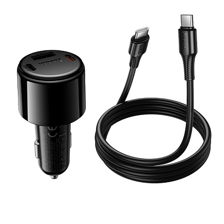 Автомобильное зарядное устройство, 1 USB 5V/2.4A + 2 PD 25W (Z69A), HOCO, кабель Type-C to Type-C, с дисплеем, черный