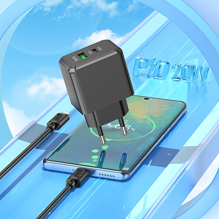 Сетевое зарядное устройство, 1 PD 20W + 1 USB 3.0 QC (CS14A), HOCO, Type-C to Type-C, черный