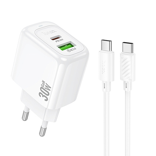 Сетевое зарядное устройство, 1 PD 30W + 1 USB 3.0 QC (CS55A), HOCO, Type-C to Type-C, белый