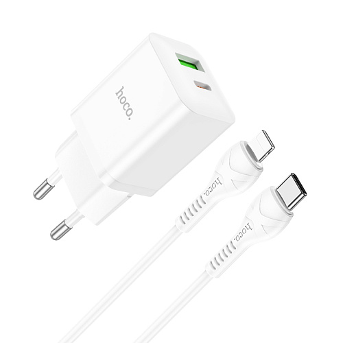 Сетевое зарядное устройство, 1 PD 18W + 1 USB 3.0 QC (N28), HOCO, Type-C to Lightning, белый
