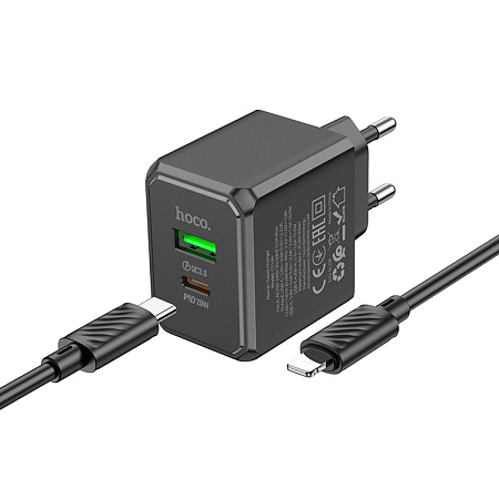 Сетевое зарядное устройство, 1 PD 20W + 1 USB 3.0 QC (CS14A), HOCO, Type-C to Lightning, черный