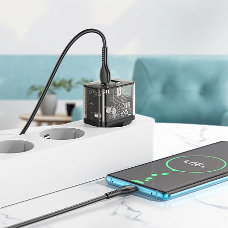 Сетевое зарядное устройство, 1 PD 20W + 1 USB 3.0 QC (N34), HOCO, Type-C to Type-C, прозрачный черный