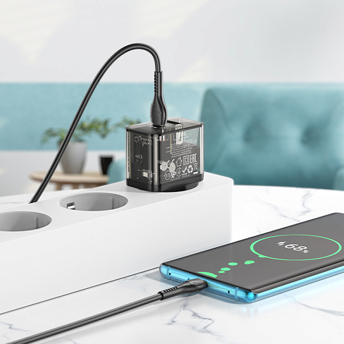 Сетевое зарядное устройство, 1 PD 20W + 1 USB 3.0 QC (N34), HOCO, Type-C to Type-C, прозрачный черный