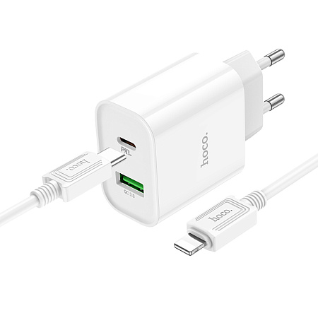 Сетевое зарядное устройство, 1 PD 20W + 1 USB 3.0 QC (C80A Plus), HOCO, Type-C to Lightning, белый