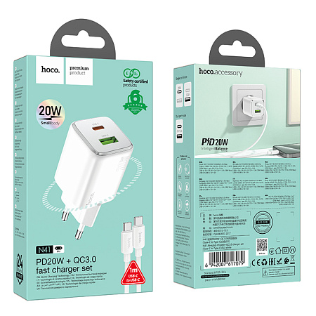 Сетевое зарядное устройство, 1 PD 20W + 1 USB 3.0 QC (N41), HOCO, Type-C to Type-C, белый