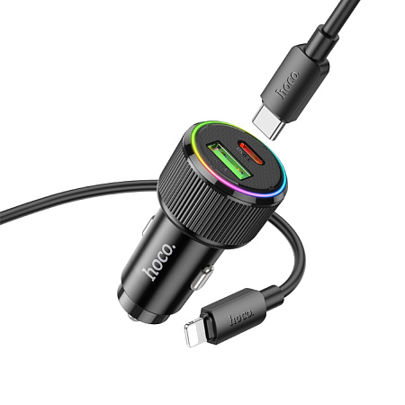 Автомобильное зарядное устройство, 1 USB QC3.0 18W, 1 PD 20W (NZ14A), HOCO, кабель Type-С to Lightning, черный
