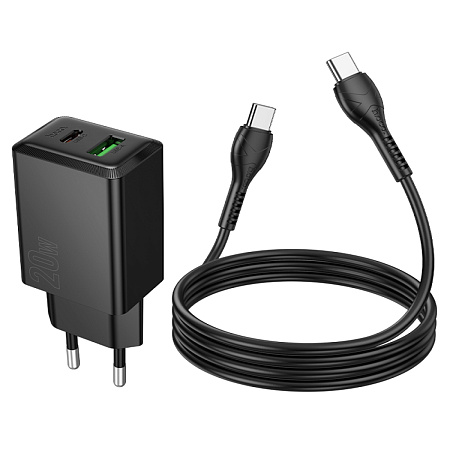 Сетевое зарядное устройство, 1 PD 20W + 1 USB 3.0 QC (N69), HOCO, Type-C to Type-C, черный