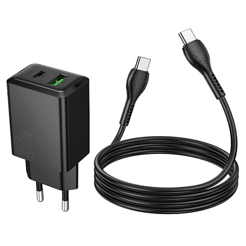 Сетевое зарядное устройство, 1 PD 20W + 1 USB 3.0 QC (N69), HOCO, Type-C to Type-C, черный