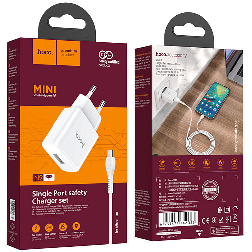 Сетевое зарядное устройство, 1 USB 2.1A (N9), HOCO, Micro, Fast Charge, Безопасный сертификат, белый