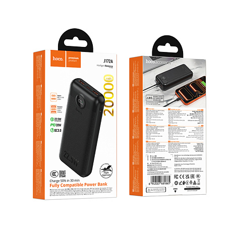 Универсальный Доп. Аккумулятор 20000mAh, J172A, HOCO, выход: 1 USB (22.5W), 1 PD (20W), с дисплеем, черный