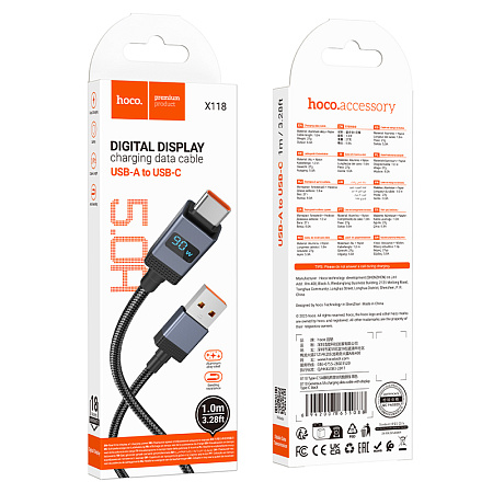 USB Кабель Type-C, HOCO, X118, 1 метр, с дисплеем, цвет черный