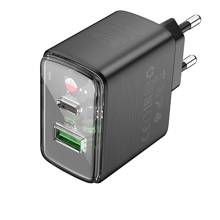Сетевое зарядное устройство, 1 PD 30W + 1 USB 3.0 QC (CS42A), HOCO, черный