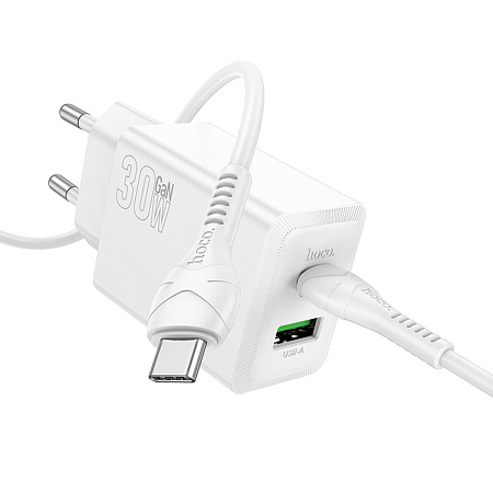 Сетевое зарядное устройство, 1 PD 30W + 1 USB 3.0 QC (N71), HOCO, Type-C to Type-C, белый