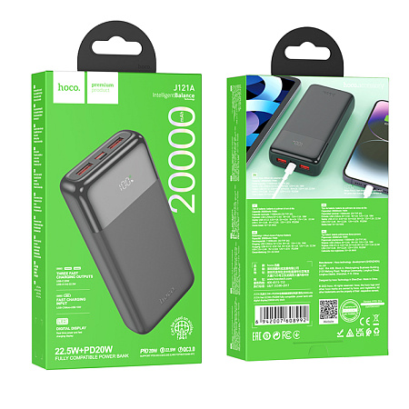 Универсальный Доп. Аккумулятор 20000mAh, J121A, HOCO, выход: 2 USB (22.5W)+1 PD (20W) с дисплеем, черный