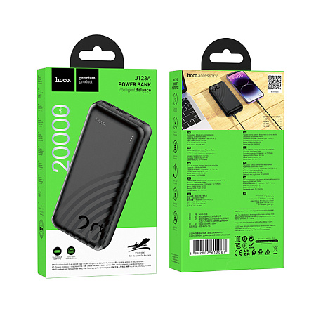 Универсальный Доп. Аккумулятор 20000mAh, J123A, HOCO, выход: 2 USB: 5V/2, черный