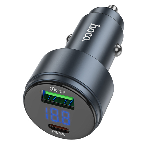 Автомобильное зарядное устройство, 1 USB QC3.0 18W, 1 PD 45W (Z57B), HOCO, с дисплеем, серый