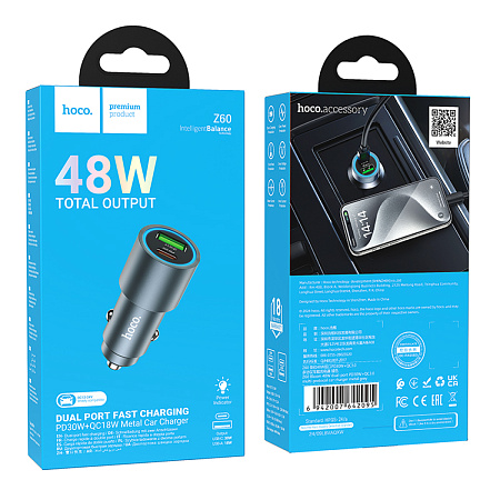 Автомобильное зарядное устройство, 1 USB QC3.0 18W, 1 PD 30W (Z60), HOCO, серый