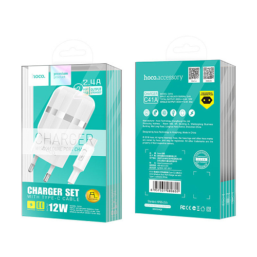 Сетевое зарядное устройство, 2 USB 2.4A (C41A), HOCO, Type-C, белый