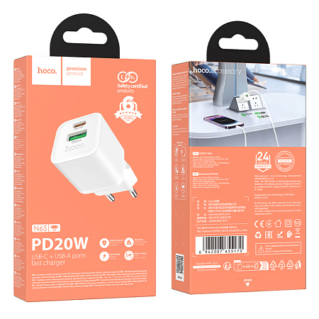Сетевое зарядное устройство, 1 PD 20W + 1 USB 3.0 QC (N65), HOCO, белый