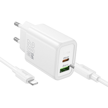 Сетевое зарядное устройство, 1 PD 20W + 1 USB 3.0 QC (N61), HOCO, Type-C to Lightning, белый