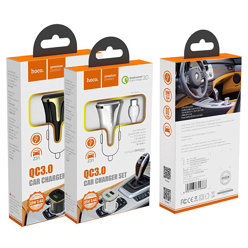 Автомобильное зарядное устройство, 2 USB 3.4A 18W QC3.0 (Z31), usb cable Type-C, HOCO, белый