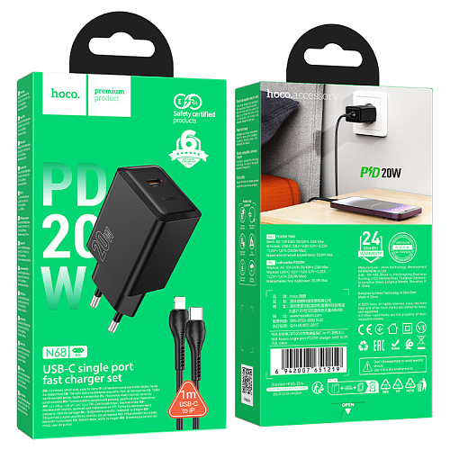 Сетевое зарядное устройство, 1 PD 20W (N68), HOCO, Type-C to Lightning, черный