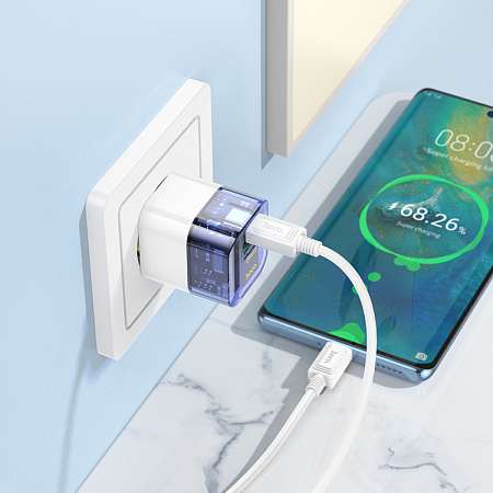 Сетевое зарядное устройство, 1 PD 30W + 1 USB 3.0 QC (C131A), HOCO, прозрачный с синим