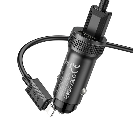 Автомобильное зарядное устройство, 2 USB 2.4A (Z49), usb кабель lightning, HOCO, черный