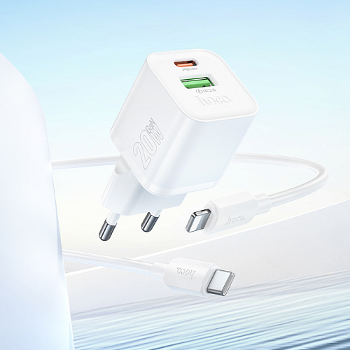 Сетевое зарядное устройство, 1 PD 20W + 1 USB 3.0 QC (N65), HOCO, Type-C to Lightning, белый