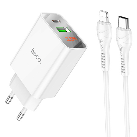 Сетевое зарядное устройство, 1 PD 20W + 1 USB 3.0 QC (C100A), HOCO, Type-C to Lightning, белый