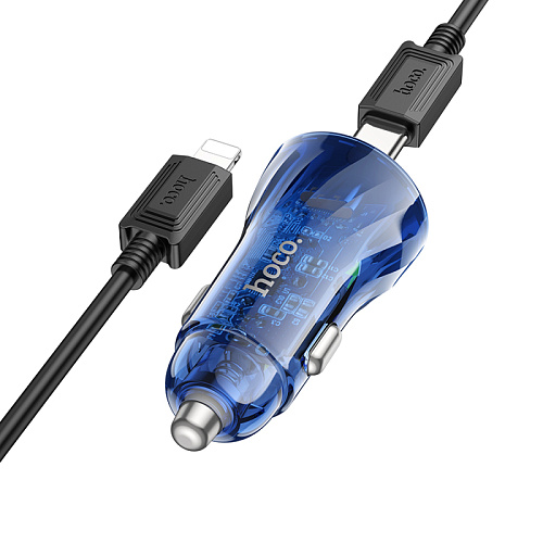 Автомобильное зарядное устройство, 1 USB QC3.0+1 PD 30W (Z47A), HOCO, кабель Type-C to Lightning, прозрачный с синим