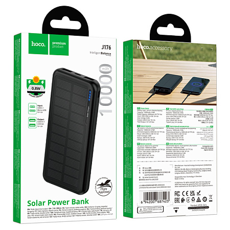 Универсальный Доп. Аккумулятор 10000mAh, J176, HOCO, выход: 2 USB (2A), с солнечной батареей, черный