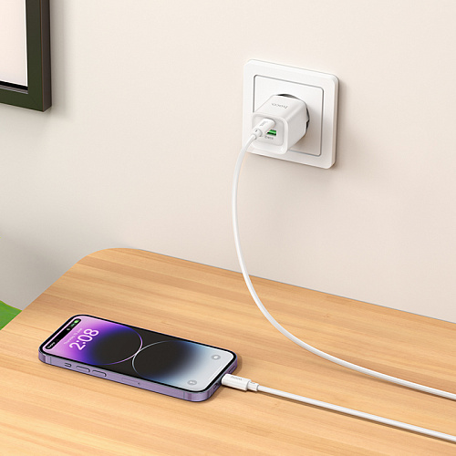 Сетевое зарядное устройство, 1 PD 20W + 1 USB 3.0 QC (C147A), HOCO, Type-C to Lightning, мини, белый