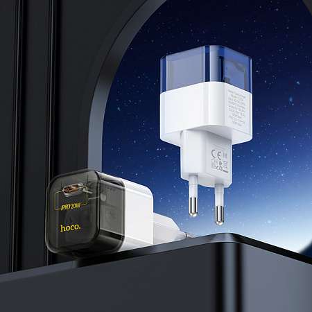 Сетевое зарядное устройство, 1 PD 20W (C125A), HOCO, прозрачный с синим