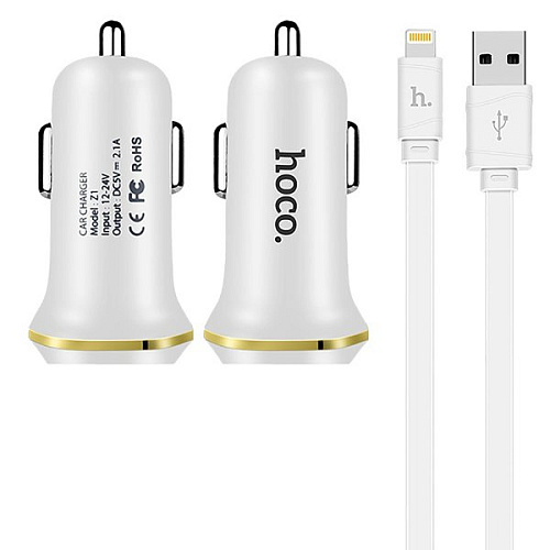 Автомобильное зарядное устройство, 2 USB 2.1A (Z1), usb cable micro, HOCO, белый