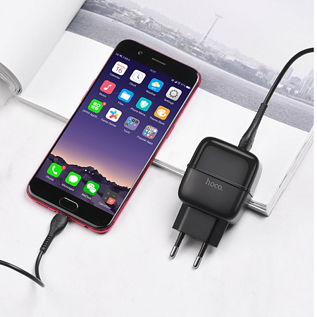 Сетевое зарядное устройство, 2 USB 2.4A (C77A), HOCO, Micro, черный