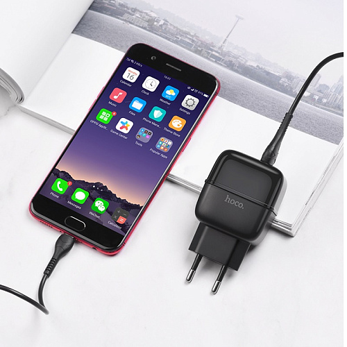 Сетевое зарядное устройство, 2 USB 2.4A (C77A), HOCO, Micro, черный